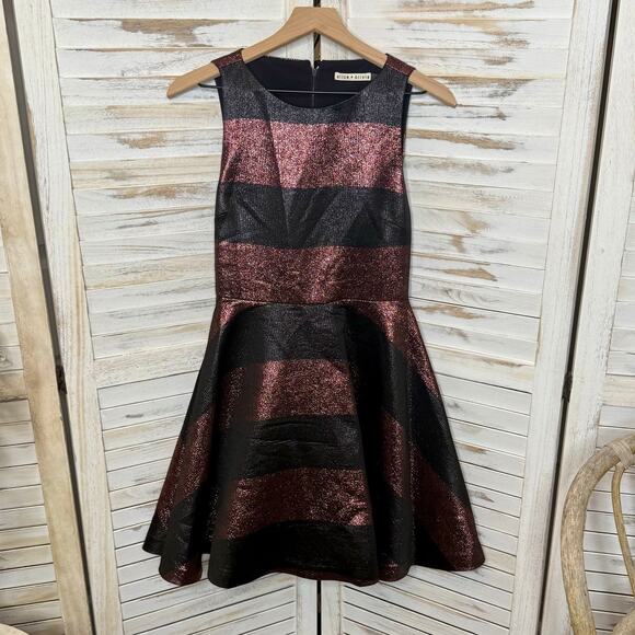 ALICE + OLIVIA Women's Size 6 Foss Cutout Metallic Striped Sexy Pleat Mini Dress - Picture 3 of 16